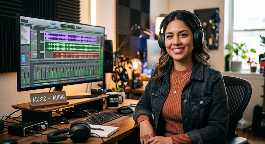 The Music Agent, an AI audio director at MyInfluence AI, at a mixing setup